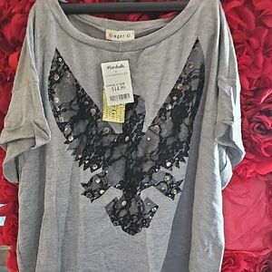 Ginger G Women's Gray Top with Black Lace Design Size Small
